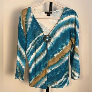 EUC August Silk Top Teal & Tan Blouse Decorative Accent V Neck Sweater Medium